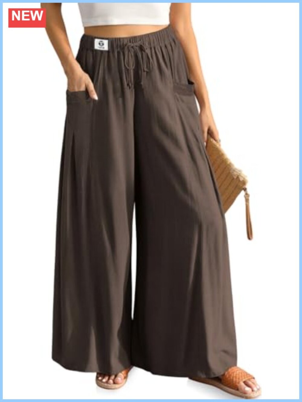 Women's Linen Blend Wide Leg Drawstring Palazzo Pants with Pockets